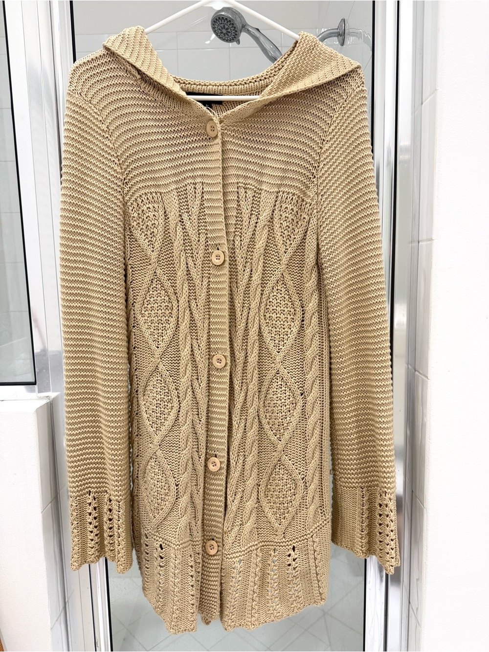 BCBGMAXAZRIA 100% Cotton Hooded Cable Knit Long Cardigan Sweater L